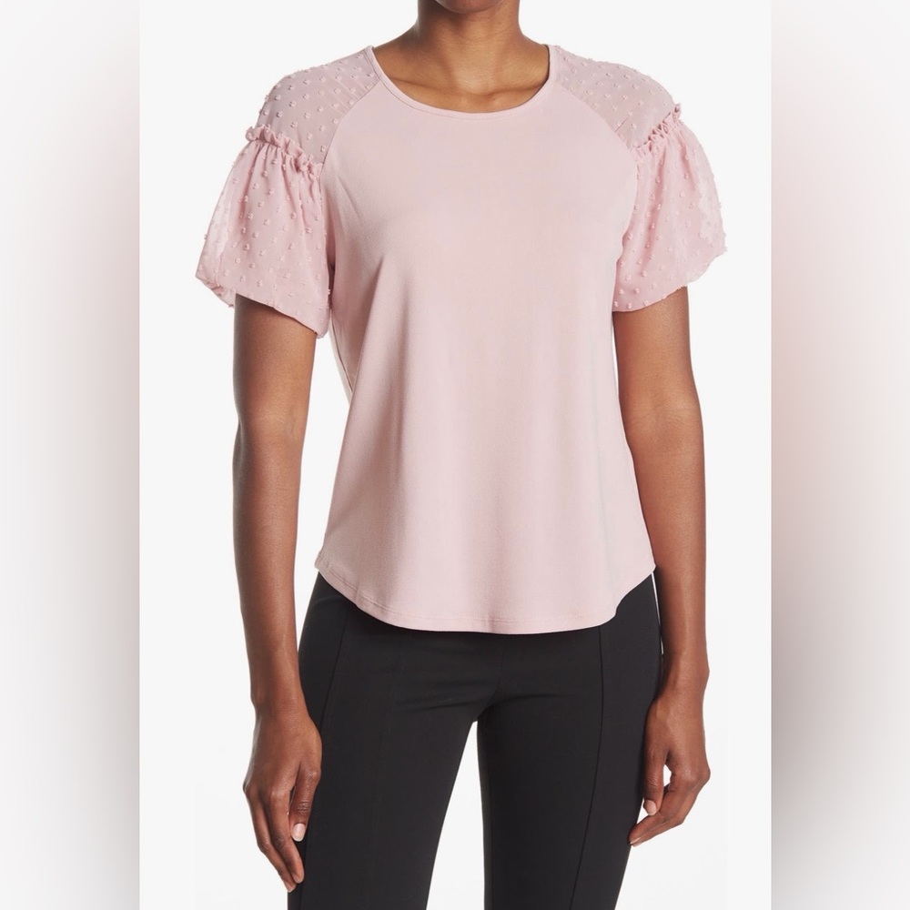Adrianna Papell Dot Lace Sleeve Top - in Blush Pink
